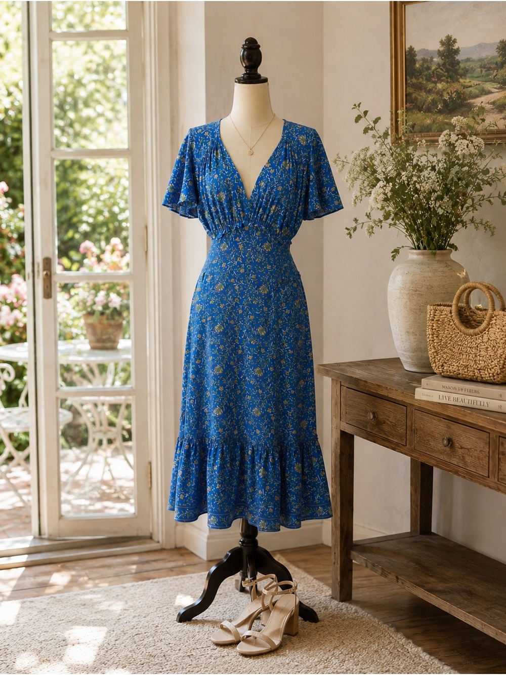 Max Studio Royal Blue Floral Wrap Midi Dress